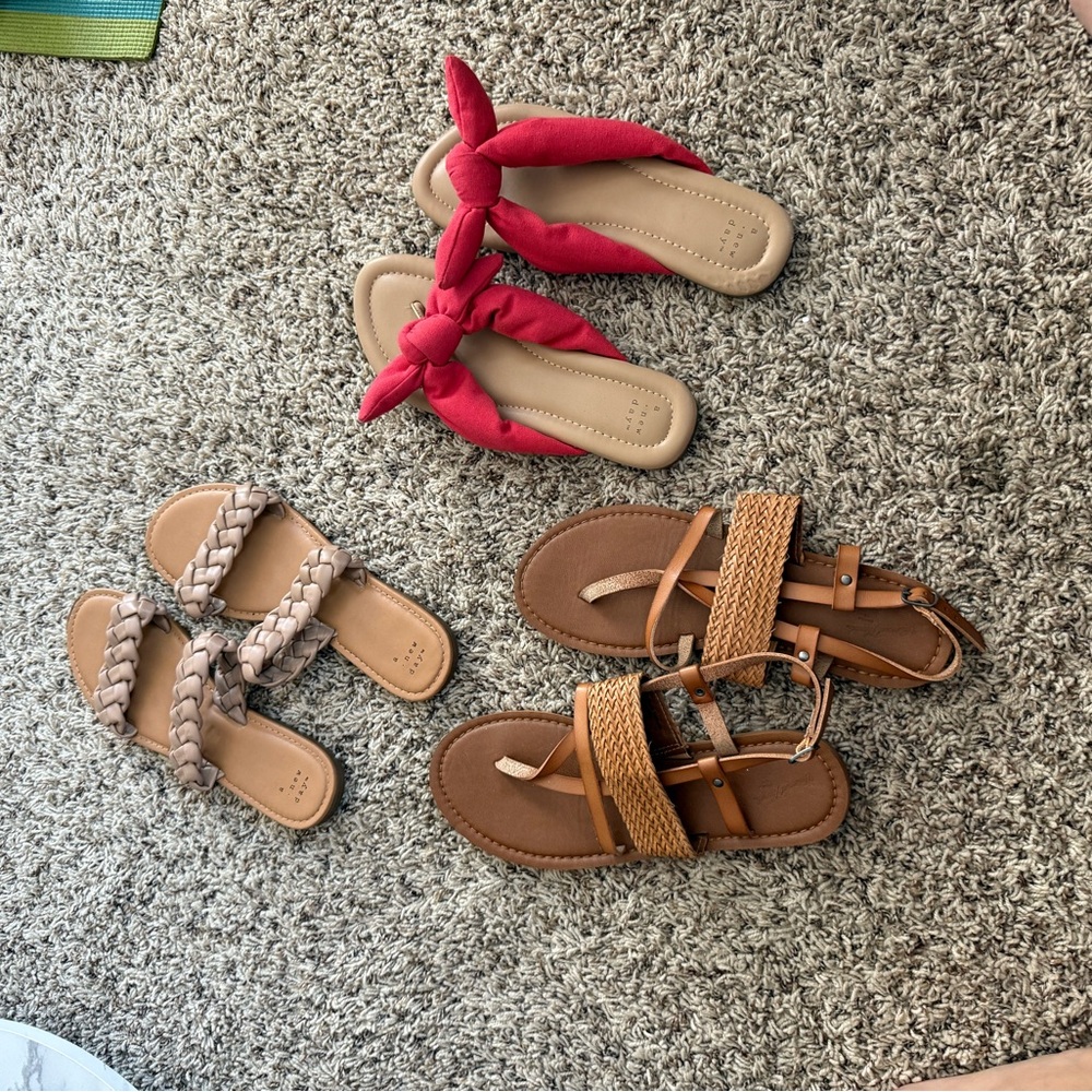 Set of Three Stylish Sandals - Red, Tan, and Brown